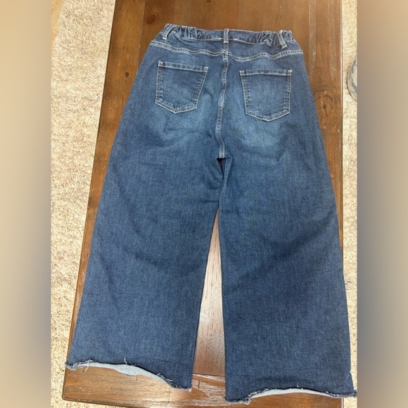 CHARLIE PAIGE WIDE LEG HIGH WAIST RAW HEM CROPPED ANKLE ELASTIC BLUE JEANS SZ L - Picture 2 of 13